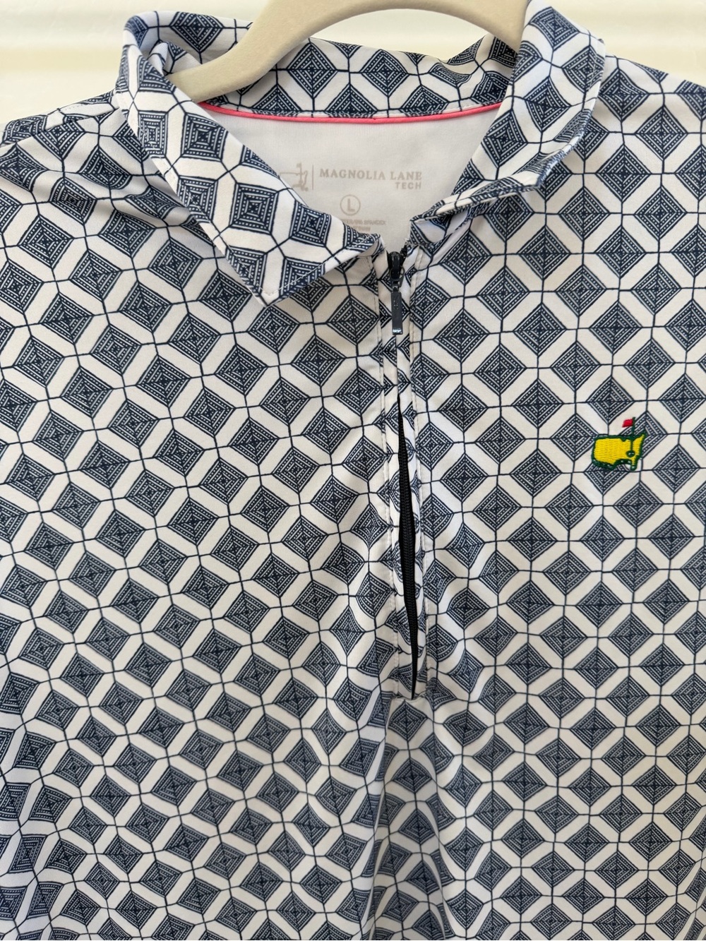 Men's White & Navy Geometric Zip Polo